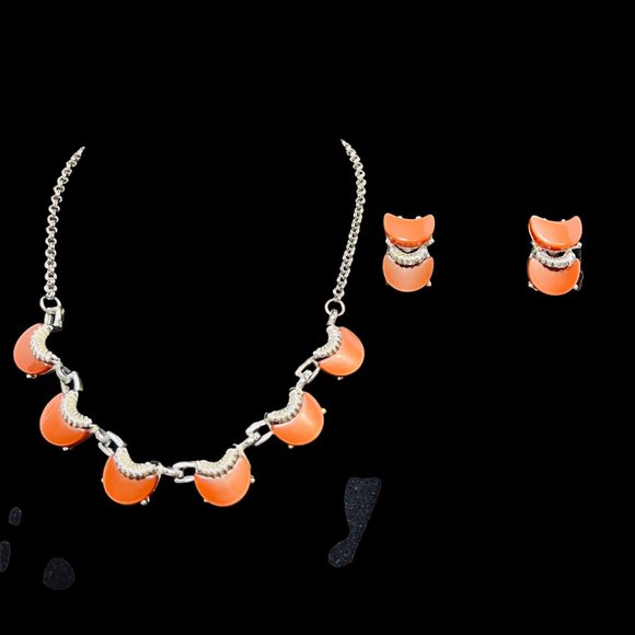 Unbranded Jewelry - Silver Tone And Rust Thermoset Lucite Choker Necklace & Clip On Earrings (4994)
